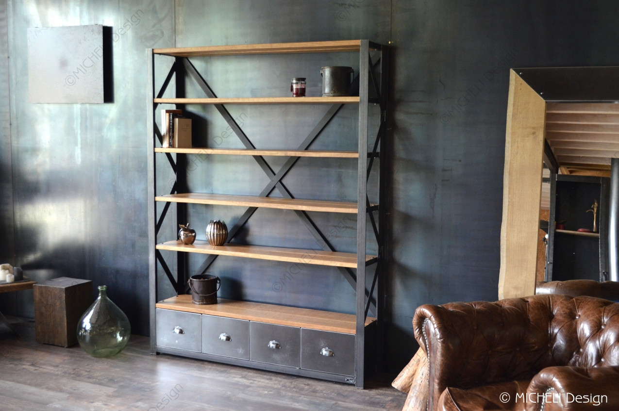 Grande étagère industrielle en bois et métal noir Atelier - 8734