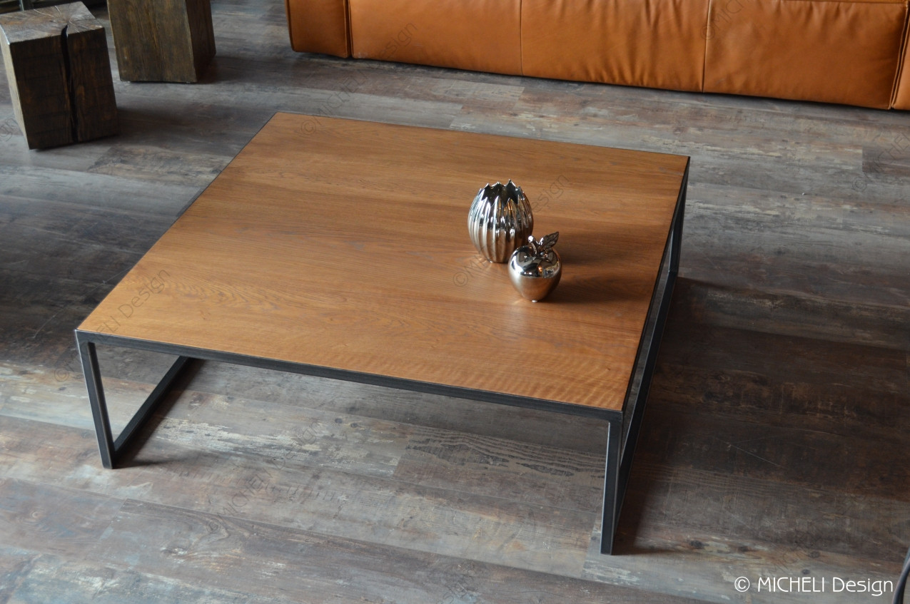 Vue du dessus Table basse carrée en bois et métal 110 x 110 cm - Bébryce - 262973